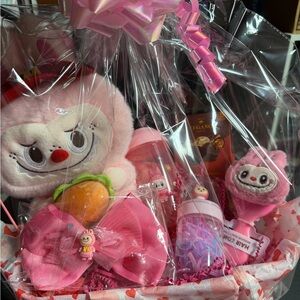 Pink Gift Basket with Plush Toys and Accessories